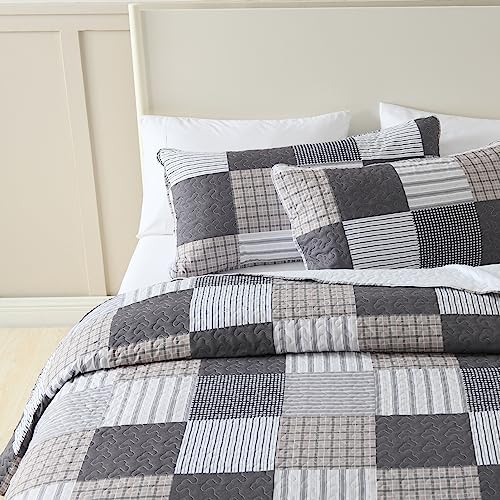 HIARUO 3PCS Queen Quilt Set with Plaid Patchwork and Pillow Covers