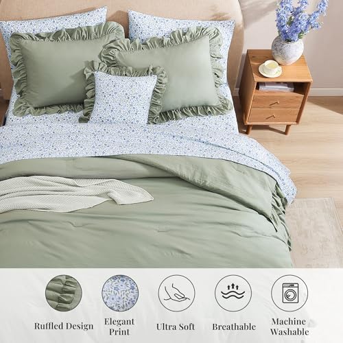 BLOOMHAVEN Queen Comforter Set 7-Piece Ruffle Sage Green