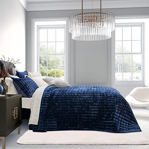 RECYCO Luxury Velvet Quilt Set King Size Navy Blue 1