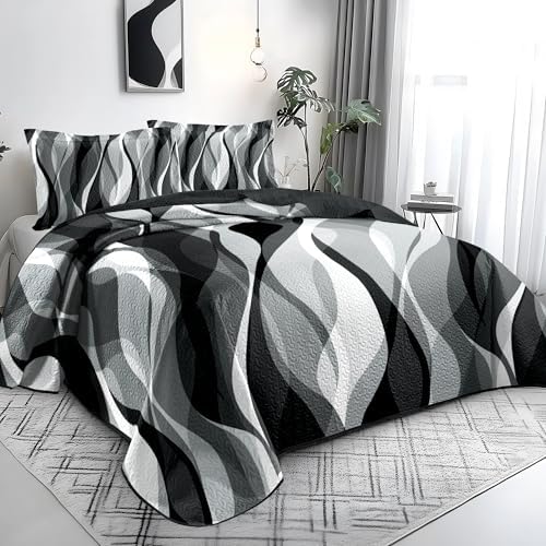 Weesire Modern Grey Black Stripe Quilt Set King Size