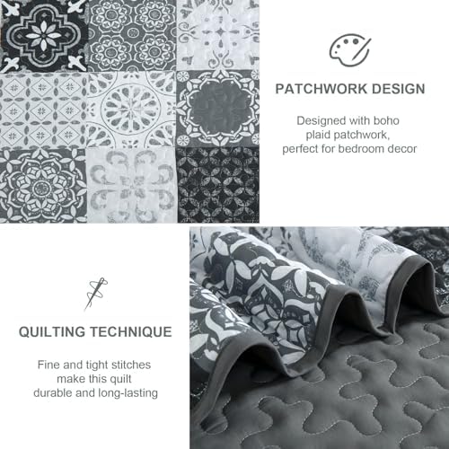 Dobuyly Grey Black Patchwork Quilt Set Queen Size