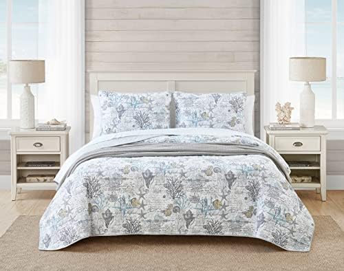Tommy Bahama Queen Quilt Set Reversible Cotton Bedding with Shams Beach Bliss Grey