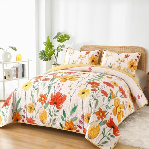Anibedding Yellow Floral Quilt Set King Size