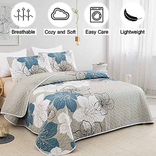 DJY 3 Piece Quilt Set California King Blue Floral Bedspread