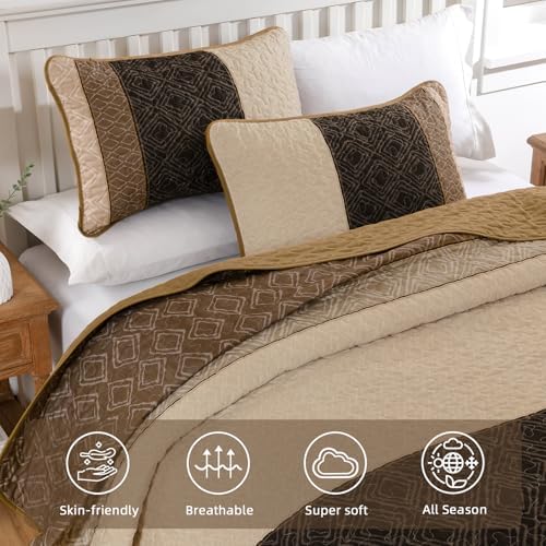 Boho Queen Quilt Set with 2 Pillow Shams Light Brown Microfiber Bedding Set