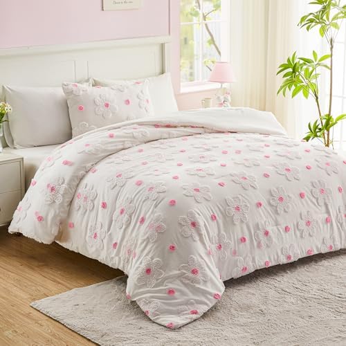 VIVILINEN Pink Floral Comforter Set for Girls 3-Piece