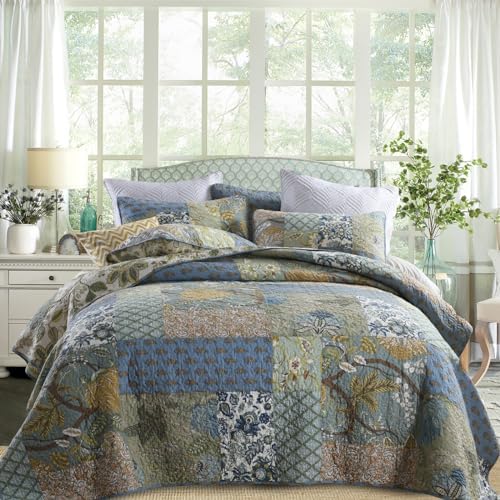 Yvooxny California King Quilt Set - Bohemian Patchwork Floral Reversible
