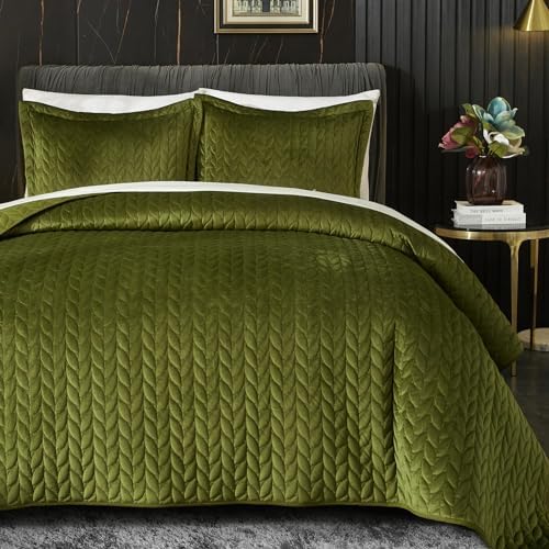 Ivellow Velvet Quilt Set King Size Green