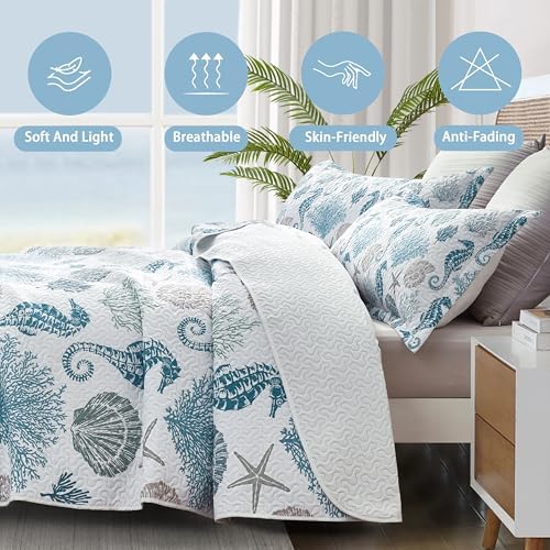Coastal Bedding Queen Quilt Set with 2 Shams