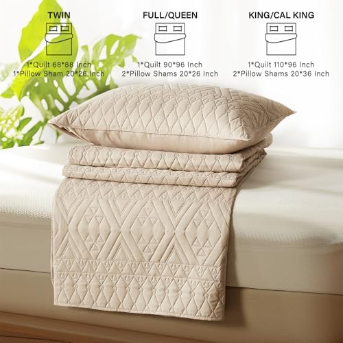 akkialla KingCal King Quilt Bedding Set - Beige Microfiber Geometric Pattern