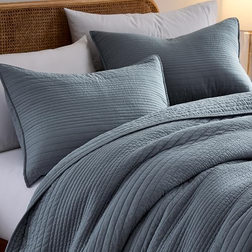 Palassio Striped Blue Grey Cotton Quilt Set King Size 2 Shams