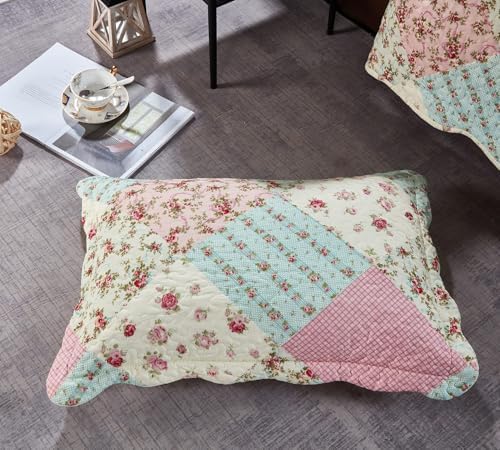 Brilliant Sunshine Pink Green Rose Patchwork Pillowshams Set