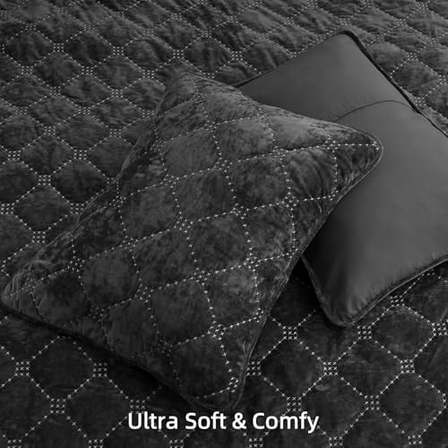 PHF Luxury Velvet Quilt Set King Size Black