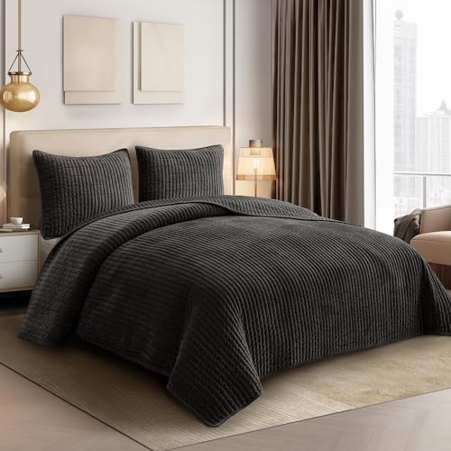 SHALALA Velvet Quilt King Size Set Dark Brown 3-Piece