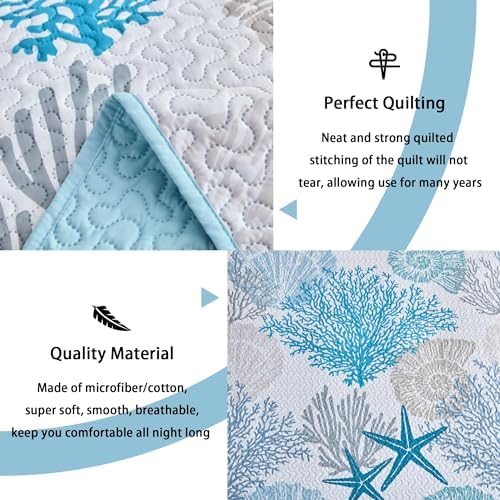 Tritard 3 Piece Coastal Quilt Set FullQueen - Reversible Microfiber with 2 Shams