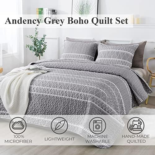 Andency Grey Boho Quilt Set 3Pcs Queen Size