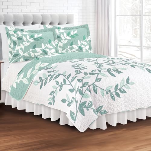 Collections Etc Unique Reversible Tonal Leaves Quilt Sage King