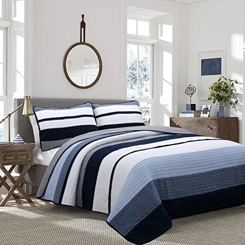 Cozy Line Tranquil Blue Gray Striped Reversible Quilt Bedding Set Queen - 3 Piece