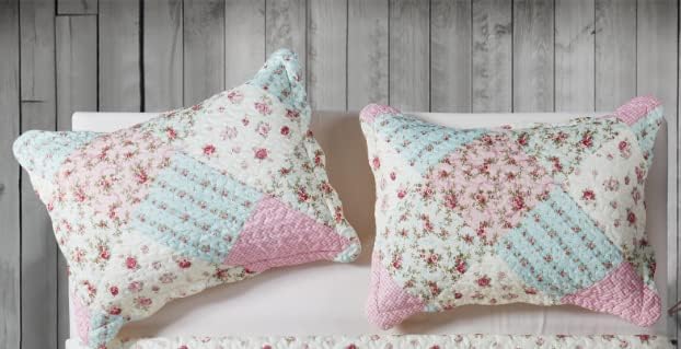 Brilliant Sunshine Pink Green Rose Patchwork Pillowshams Set