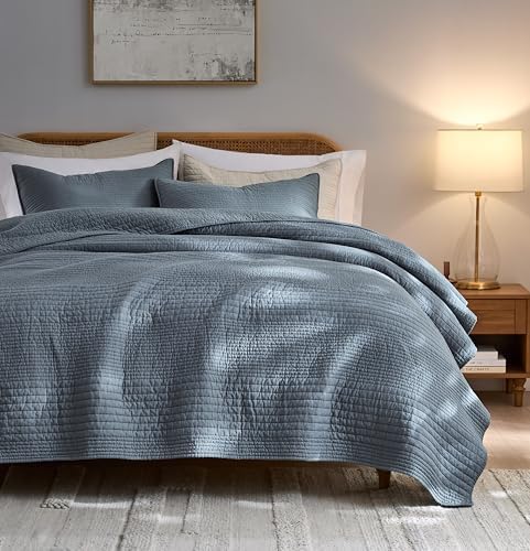 Palassio Striped Blue Grey Cotton Quilt Set King Size 2 Shams