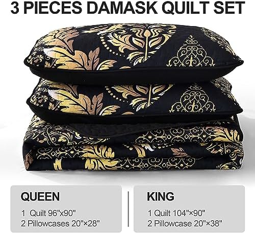 DJY Black Gold Damask Quilt Set 3 Pieces King Size