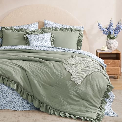 BLOOMHAVEN Queen Comforter Set 7-Piece Ruffle Sage Green