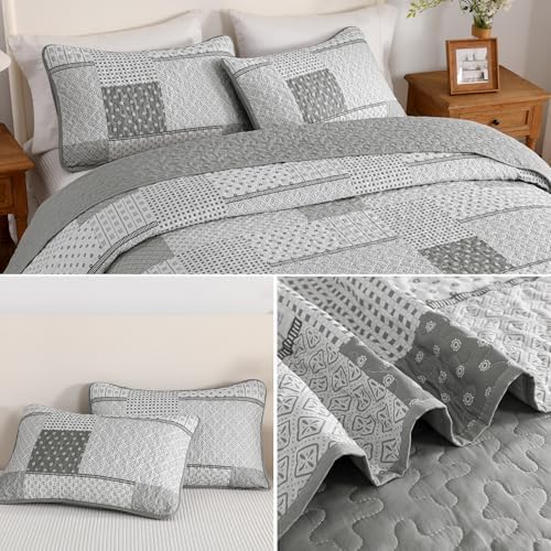 WONGS BEDDING 3 Piece Quilt Set Queen Size Grey