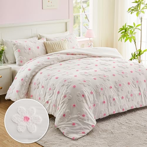 VIVILINEN Pink Floral Comforter Set for Girls 3-Piece