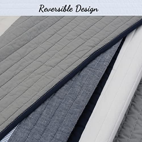 Cozy Line Tranquil Blue Gray Striped Reversible Quilt Bedding Set Queen - 3 Piece