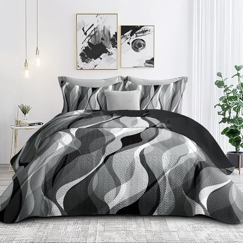 Weesire Modern Grey Black Stripe Quilt Set King Size
