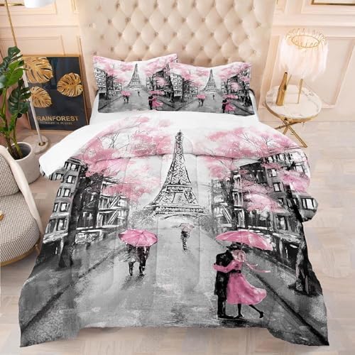 Pink Paris Eiffel Tower Comforter Set for Girls Women Kids