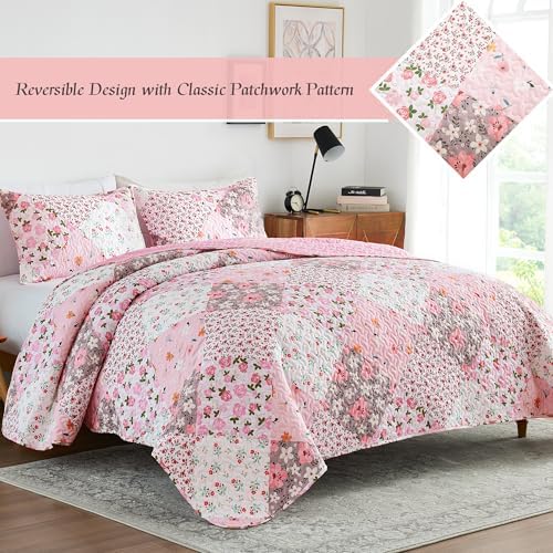 Whale Flotilla Reversible Patchwork Quilt Set Queen Size Pink