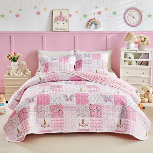 Joyreap Twin Quilt Set for Girls Pink Butterflies Flowers Design