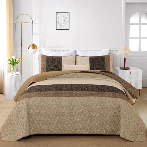Boho Queen Quilt Set with 2 Pillow Shams Light Brown Microfiber Bedding Set
