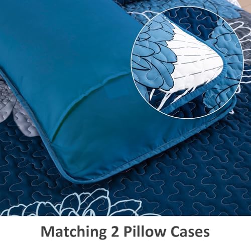 Anibedding 3 Piece Navy Blue Floral Quilt Set Queen Size