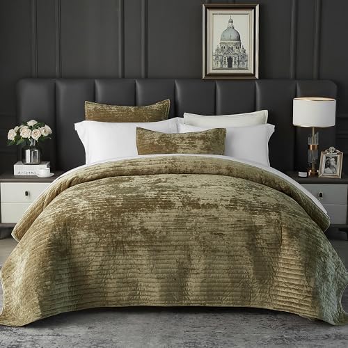 Weigelia Velvet Quilt Set Olive Green Striped Queen Size
