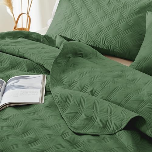 Inron King Size Quilt Set Olive Green Microfiber