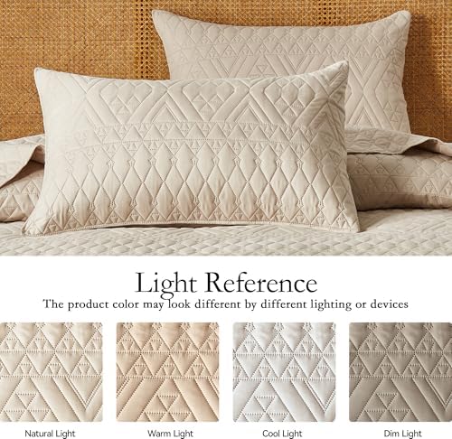 akkialla KingCal King Quilt Bedding Set - Beige Microfiber Geometric Pattern
