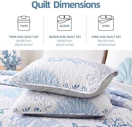 Weigelia Coastal Quilts Queen Bedding Set - Blue Nautical Comforter with Pillow Cases