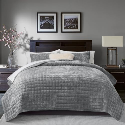 RECYCO Luxury Velvet Quilt Set Twin Size Gray