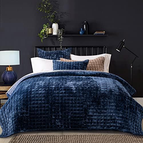 RECYCO Luxury Velvet Quilt Set King Size Navy Blue 1