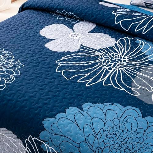 Anibedding 3 Piece Navy Blue Floral Quilt Set Queen Size
