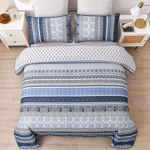 WONGS BEDDING Navy Blue Boho Queen Quilt Set 3pcs
