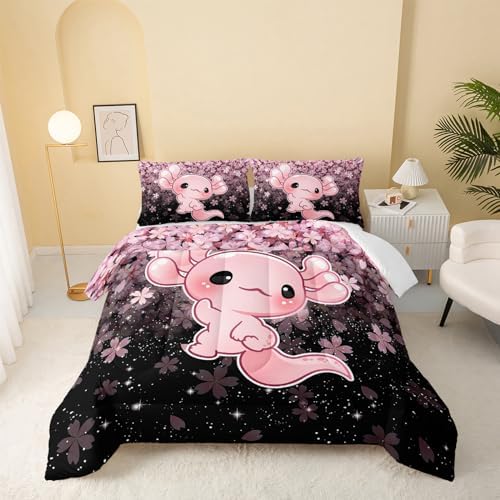 QOOMO Kawaii Axolotl Comforter Set Twin Size Pink Cherry Blossom