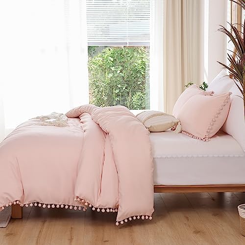 YIRDDEO Queen Comforter Set - 3 Piece with Pom Fringe Blush