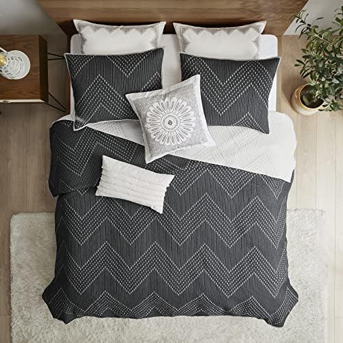 INKIVY Reversible Chevron Cotton Quilt Set - 3 Piece Black FullQueen