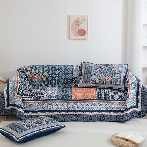 Navy Blue Bohemian Quilt Set Queen Size 96x90