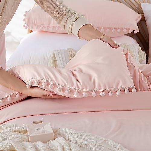 YIRDDEO Queen Comforter Set - 3 Piece with Pom Fringe Blush