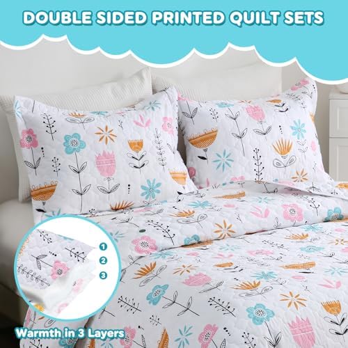 CIMVI Girls Pink Floral Quilt Set Full Size Kids Bedding