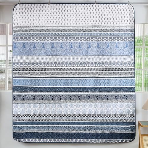 WONGS BEDDING Navy Blue Boho Queen Quilt Set 3pcs